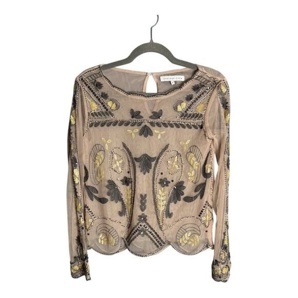 Endless Rose Tops - Endless Rose Tan and Gray Sheer Mesh Long Sleeve Top Beading & Embroidered Sz S